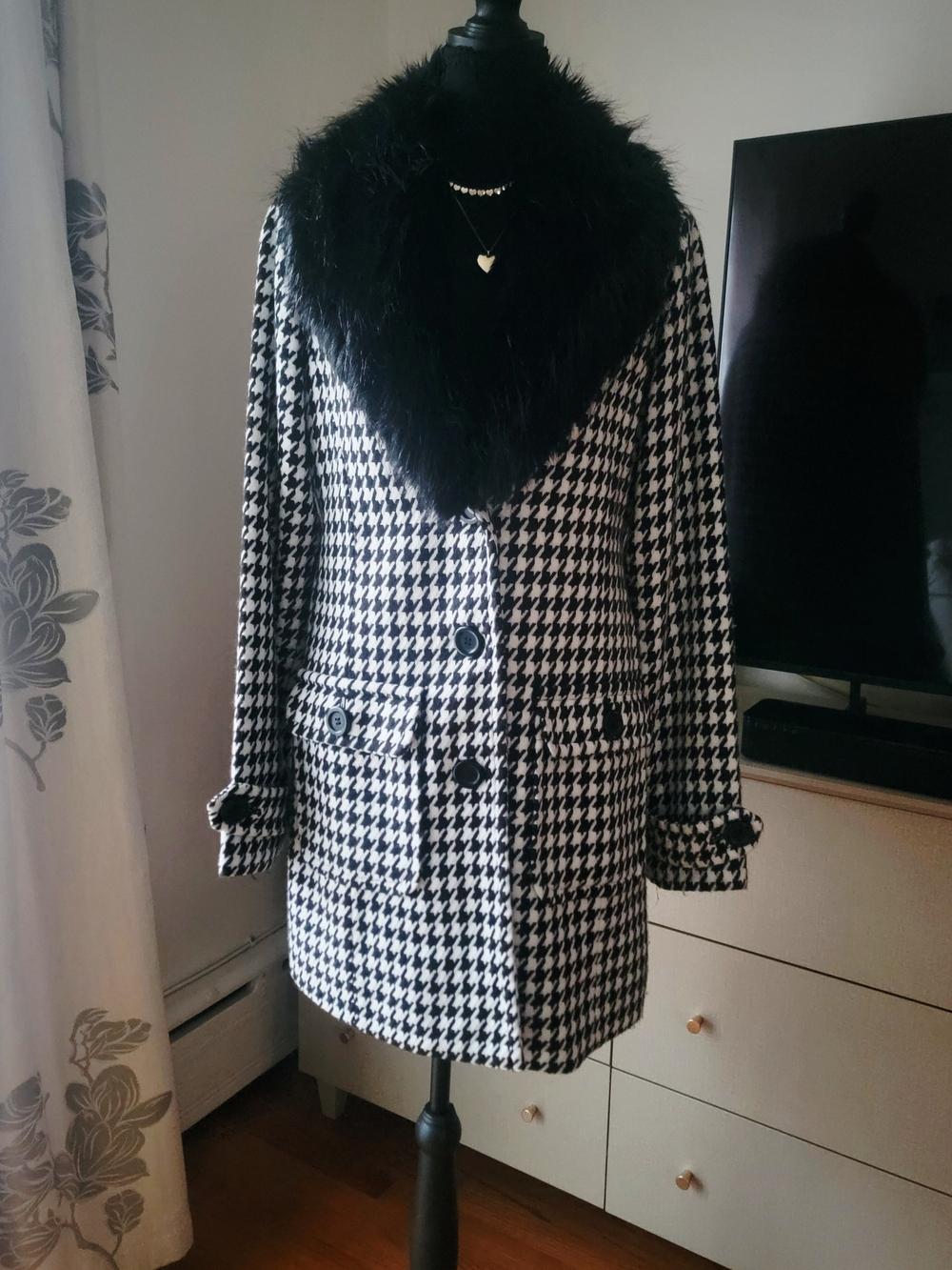 Vintage Doki-Geki Houndstooth Plaid Coat Removable Faux Fur Collar - Large